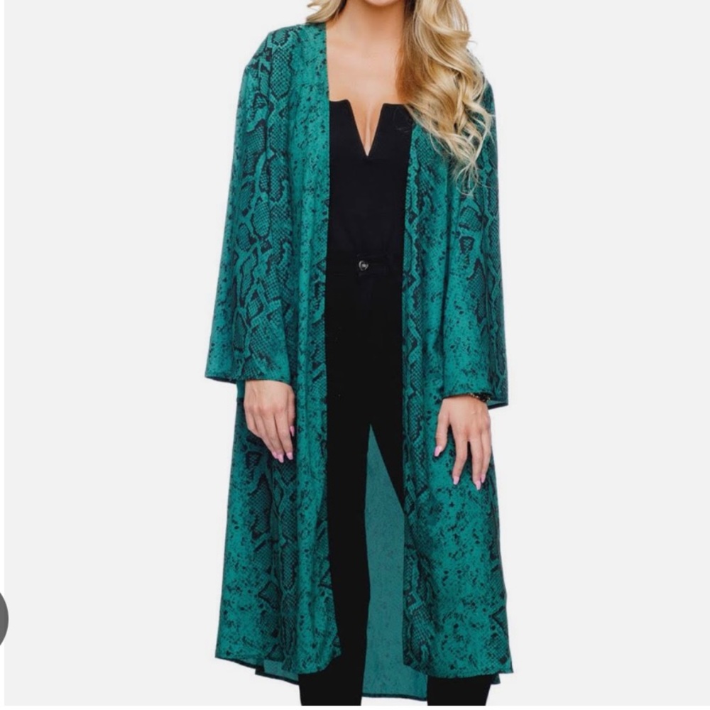 BuddyLove Roberts Medium Length Duster in Forest Green Snake Print